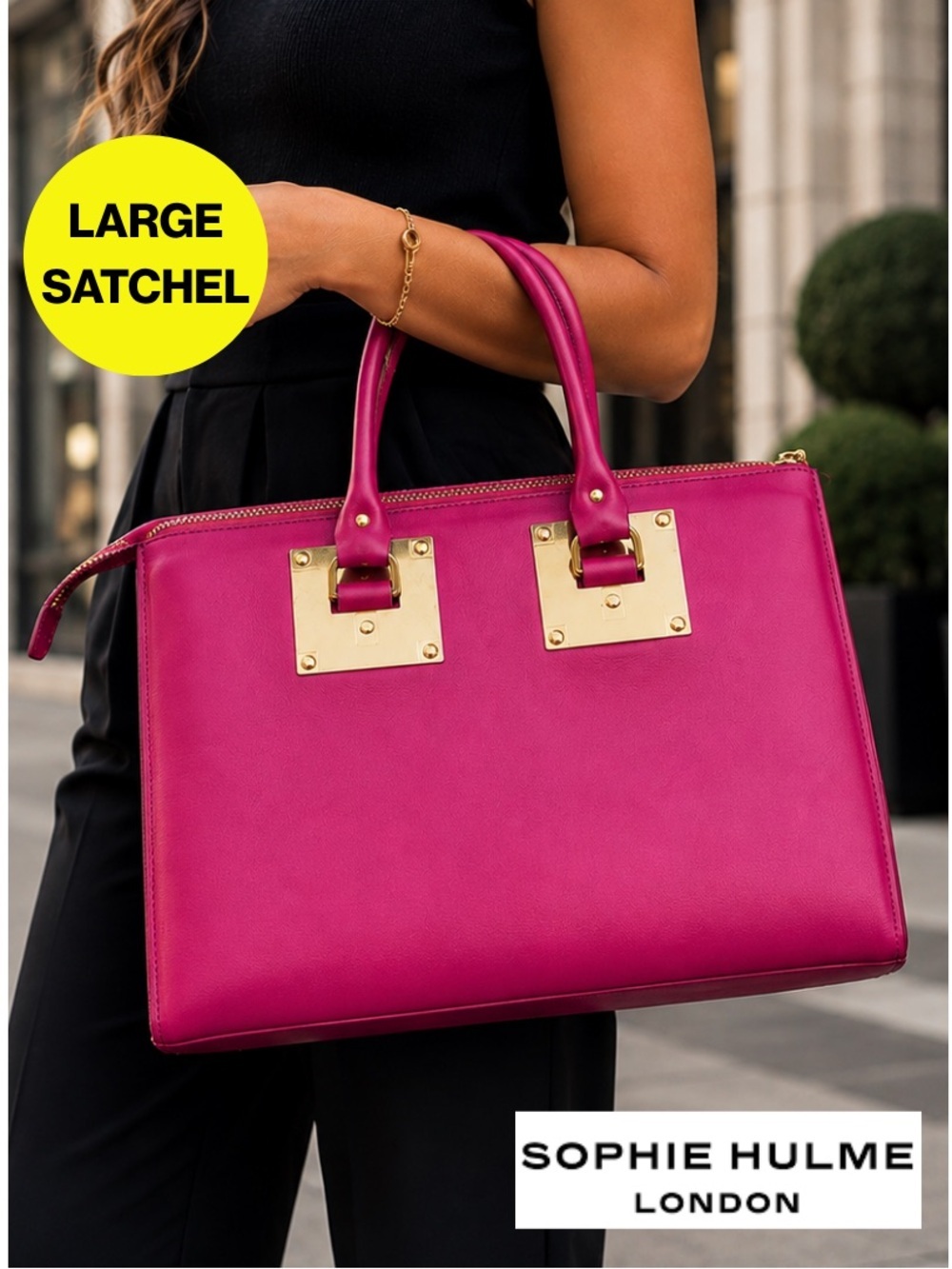 SOPHIE HULME 💖 Albion Square Satchel - Hot Magenta Pink, Gold Hardware - 9x12”